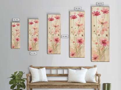 Delicate Pink Flowers with Tall Stems on a Subtle Beige Background Ukiyo-e Art Japanese Framed Canvas Print Skinny Tall Art