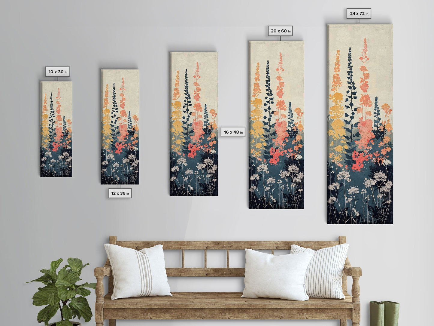 Framed Canvas Print Of Elegant Wildflowers Set Against A Soft Background, Skinny Art, Tall Art, Japanese Style Art, Ukiyo-e Art, Wood Block Print