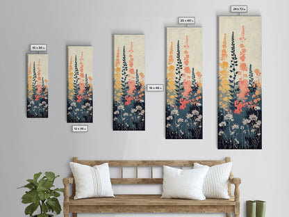 Framed Canvas Print Of Elegant Wildflowers Set Against A Soft Background, Skinny Art, Tall Art, Japanese Style Art, Ukiyo-e Art, Wood Block Print