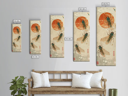 Detailed Depiction Of Cicadas Against Warm Sunset Background Ukiyo-e Skinny Tall Wood Block Framed Canvas Print Japanese Style Art