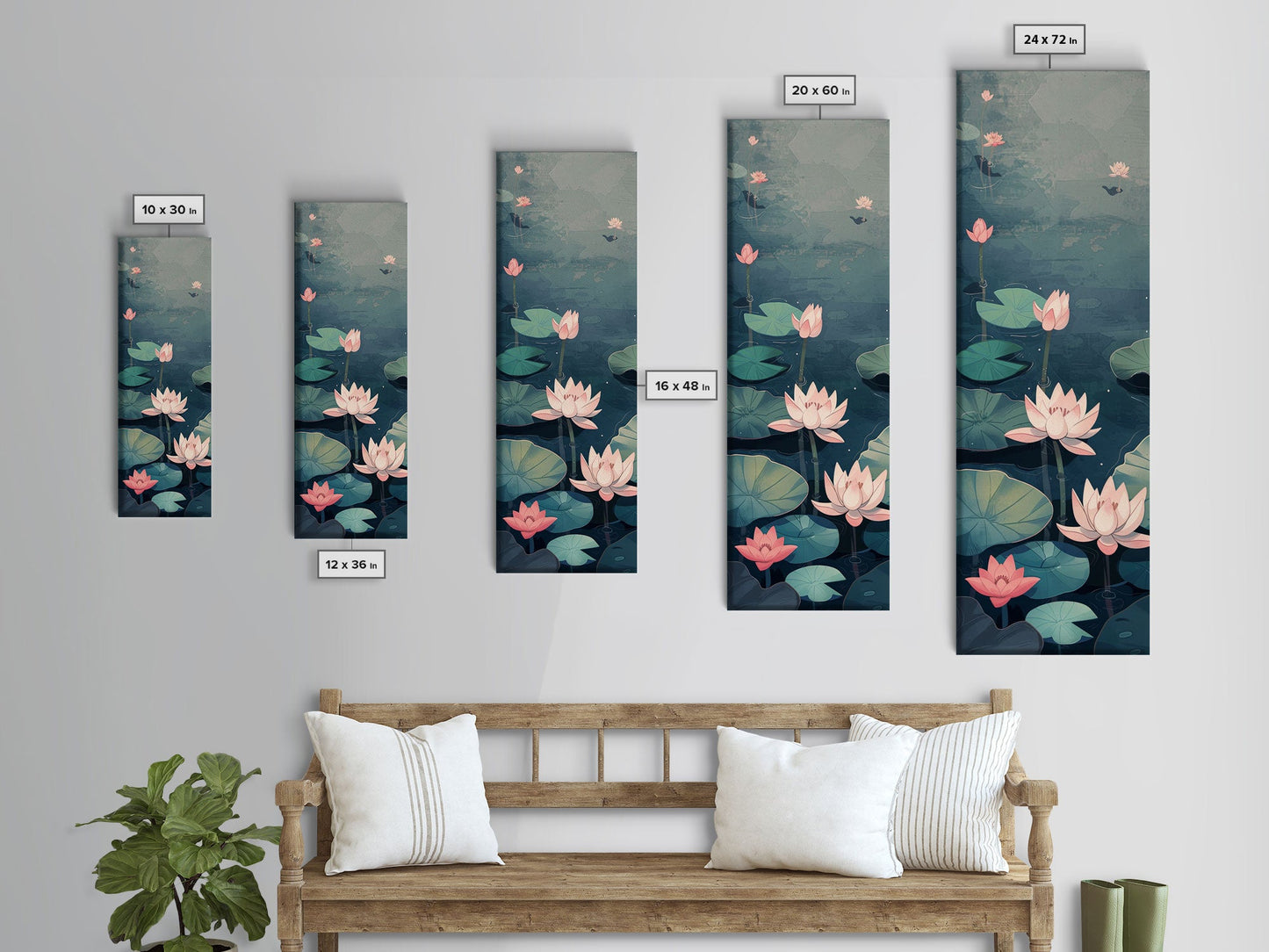 Calm Water Lilies Floating On Still Pond With Subtle Ripples Ukiyo-e Skinny Tall Wood Block Framed Canvas Print Japanese Style Art
