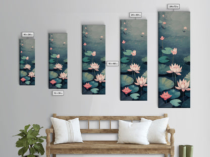 Calm Water Lilies Floating On Still Pond With Subtle Ripples Ukiyo-e Skinny Tall Wood Block Framed Canvas Print Japanese Style Art