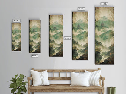 Skinny Art Tall Art Framed Canvas Print Japanese Style Art Foggy Mountain Temple Landscape Wood Block Print Ukiyo-e Feng Shui Wall Art