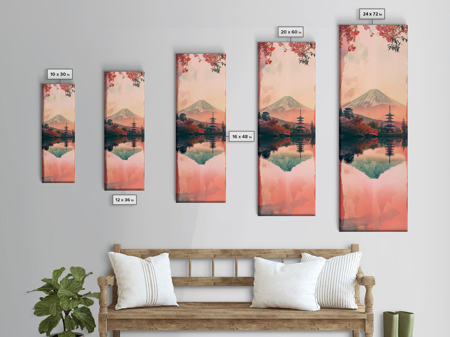 Skinny Art Tall Art Framed Canvas Print Japanese Style Art Mount Fuji Lake Reflection Red Maple Wood Block Print Ukiyo-e Feng Shui Wall Art