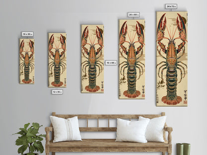 Detailed Lobster Illustration On Beige Background Skinny Art Wood Block Print Japanese Style Art Framed Canvas Print Tall Art Ukiyo-e Art