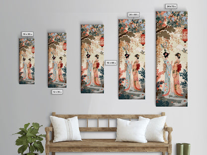 Traditional Geishas Skinny Art Tall Art Japanese Ukiyo-e Inspired Framed Canvas Print for Elegant Home and Office Decor
