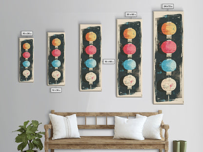 Colorful Lanterns Hanging in a Vertical Row with Abstract Background - Skinny Art, Japanese Wall Decor, Framed Canvas Print, Ukiyo-e Style