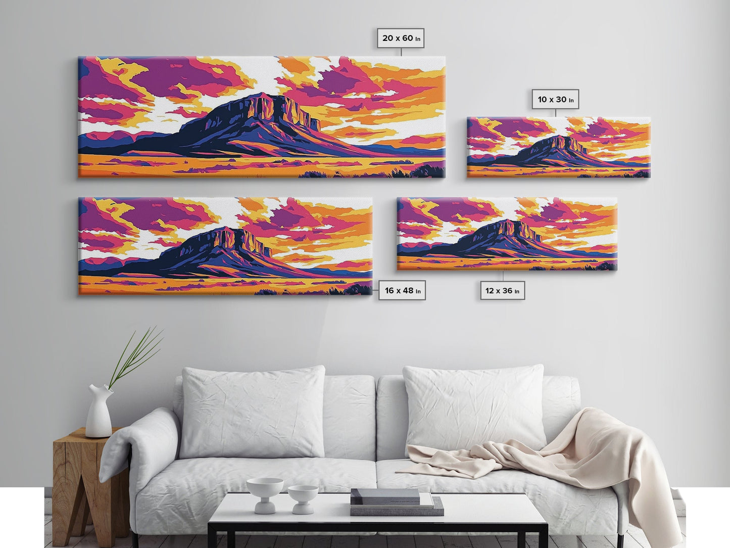 Colorful Desert Landscape, Joshua tree art, southwest wall art, pink orange wall art, extra wide art, panoramic painting, Framed Canvas Print