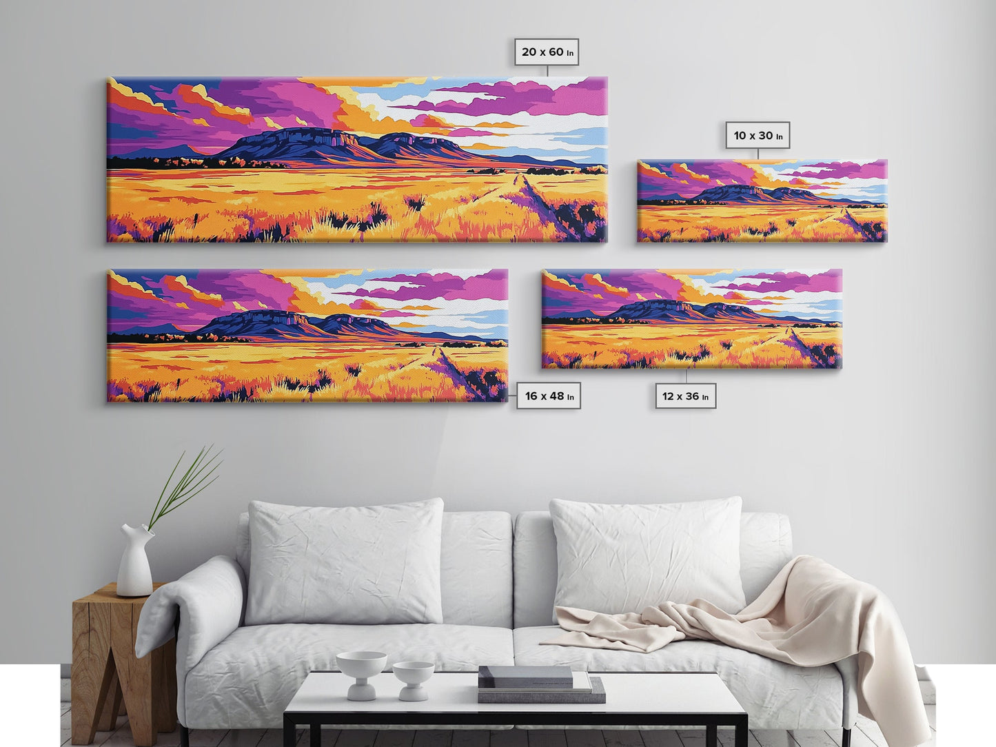 Vibrant mountain, pink orange wall art, Joshua tree art, geometric wall art, panoramic art, framed canvas print, landscape painting