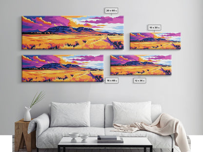 Vibrant mountain, pink orange wall art, Joshua tree art, geometric wall art, panoramic art, framed canvas print, landscape painting
