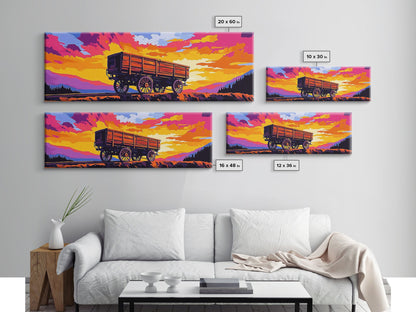 Sunset wagon, pink orange wall art, southwest wall art, geometric wall art, boho art, panoramic painting, framed canvas print, rustic decor