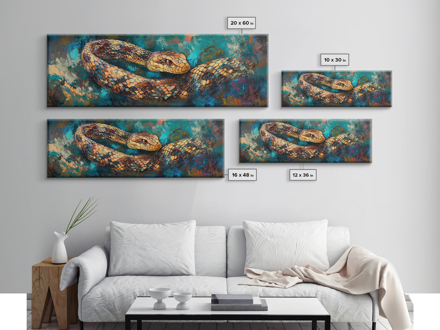 Coiled Serpent, moody art, snake painting, dark romance art, gothic decor, rustic wall art, panoramic wall art, framed canvas print