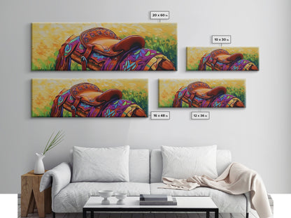 Colorful Saddle Painting, cowboy decor, vibrant rustic wall art, western style art, boho art, southwestern wall art, framed canvas print