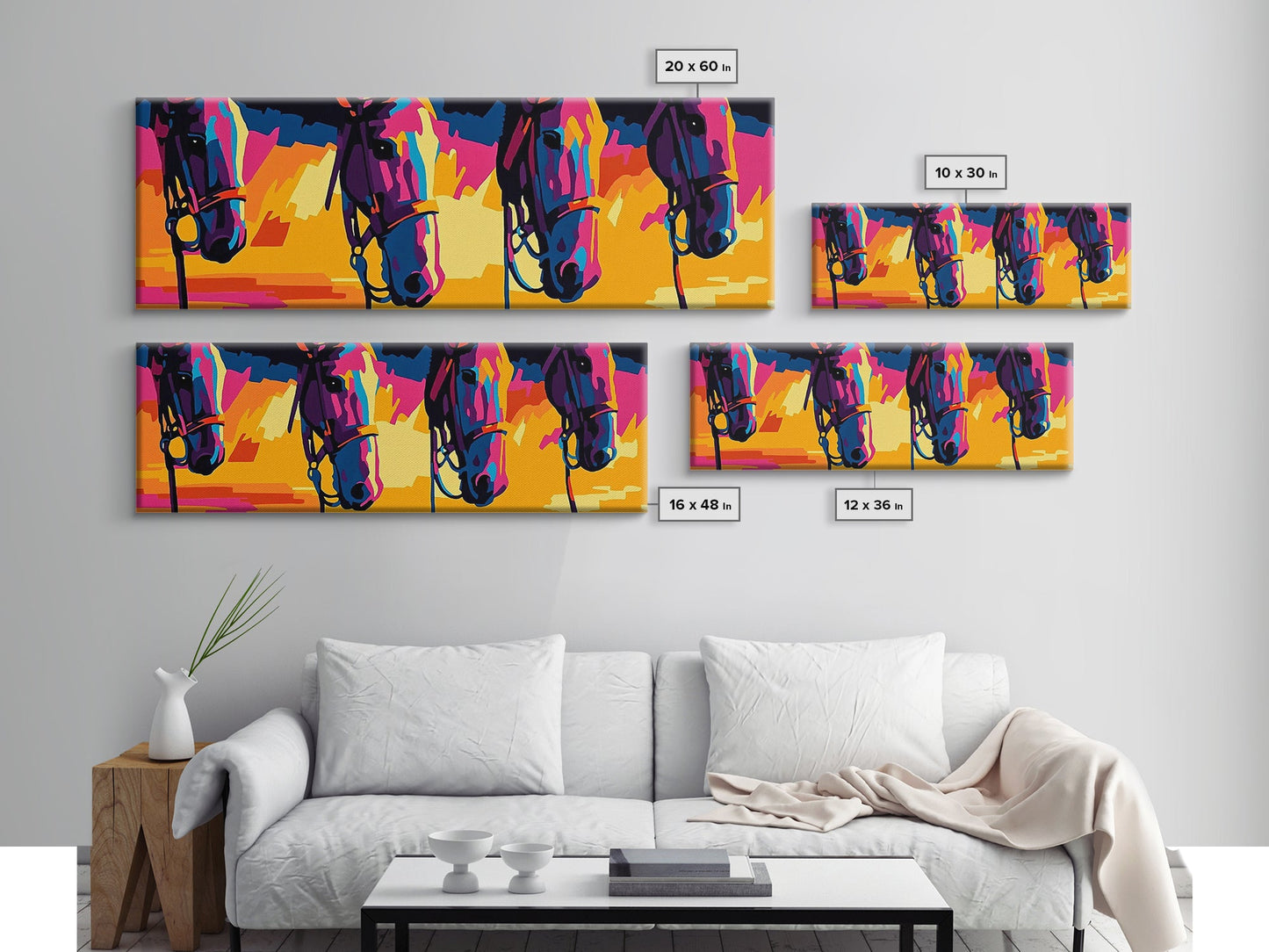 Colorful Horses, horse wall art, pink orange wall art, extra wide art, southwestern art, blotter art, Canvas Print, geometric wall art