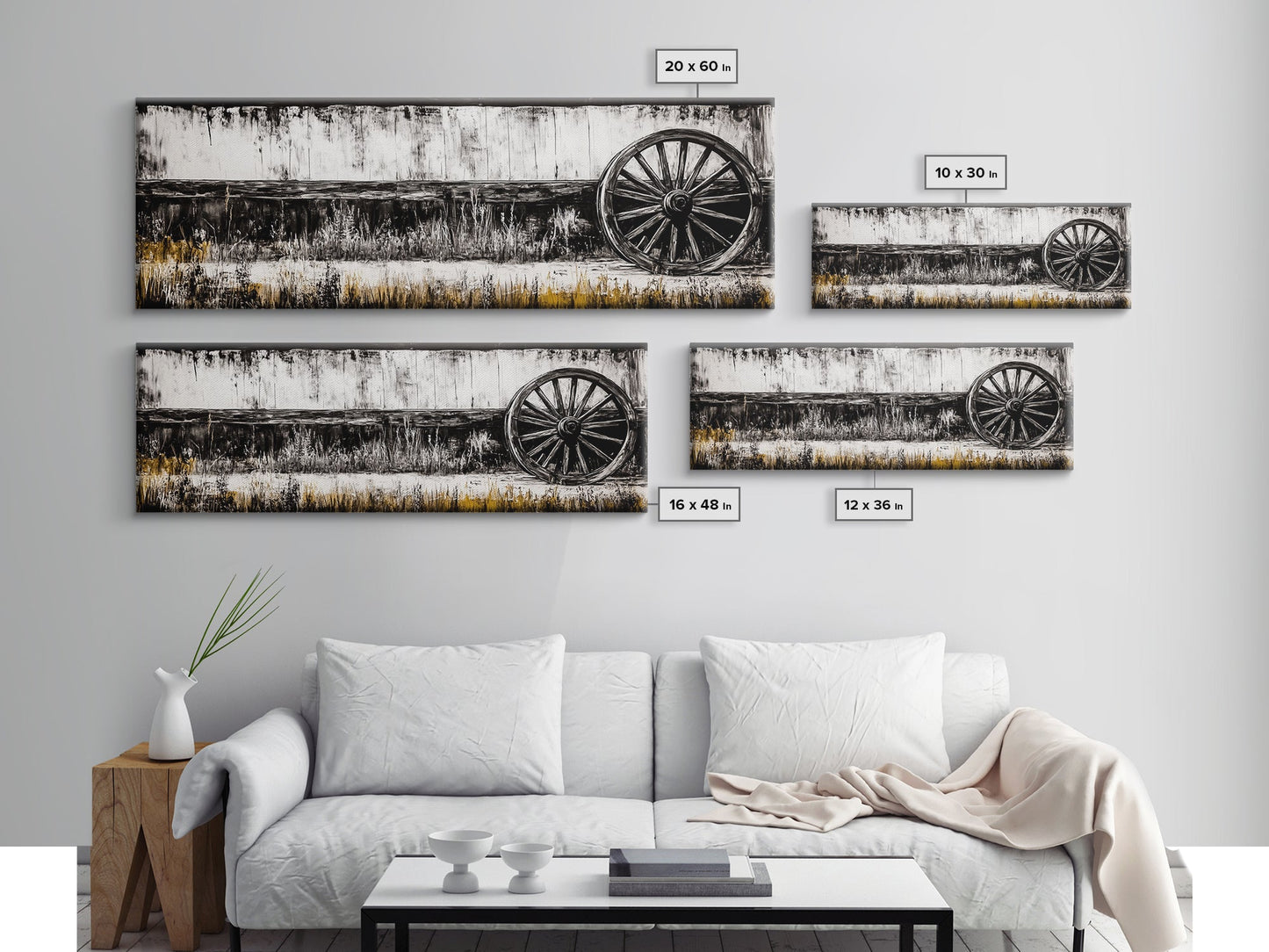 Wagon Wheel, barn landscape oil painting, black and white art, rustic decor, farmhouse art, extra wide art, Framed Canvas Print, moody art