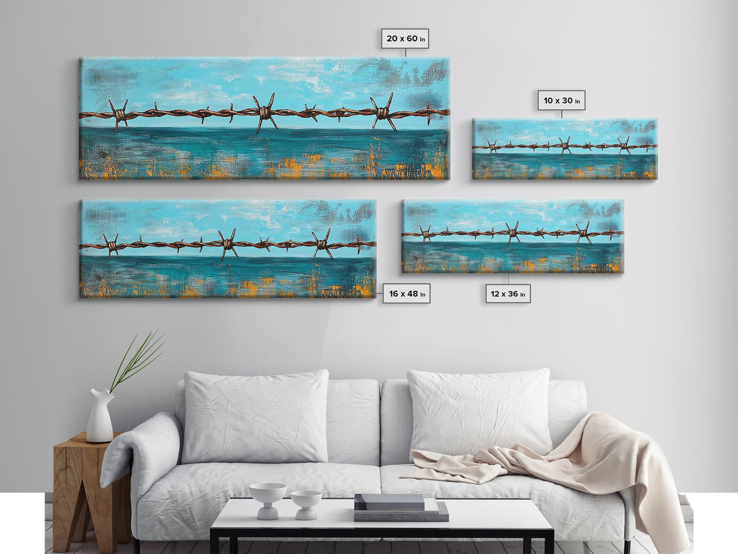 Barbed Wire Ocean, coastal decor, rustic art, farmhouse painting, minimalist painting, extra wide art, framed canvas print, moody art