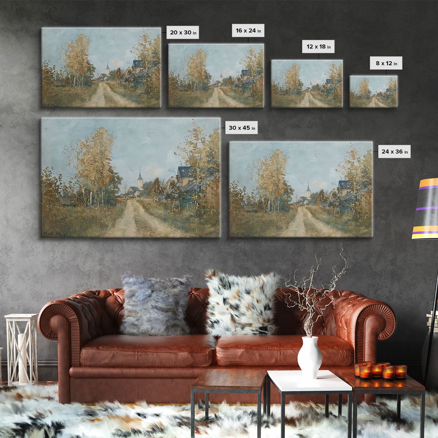 Old Country Road Leading To a Church, Framed Canvas Print, Unique Wall Art, One Of A Kind, folk art, Rustic Farmhouse