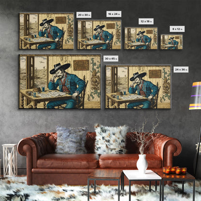 Japanese Cowboy, Wild West Samurai Mashup Art, Framed Canvas Print, Wild Western Decor, Home Art, Living Room Decor