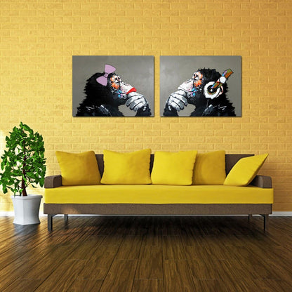 Large  Monkey with Headphones - Hand-Painted Oil Painting for Living Room - Ready to Hang (24x32Inx2)
