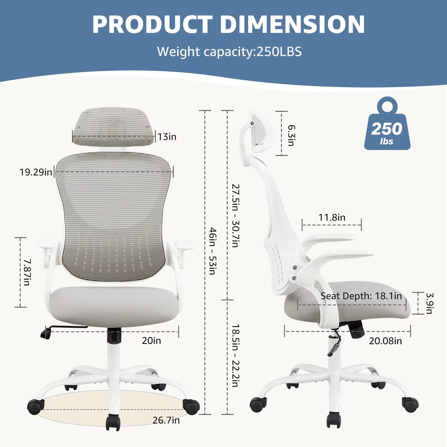 Mesh Ergonomic Office Computer Desk Chair Flip-Up Arms Adjustable Headrests Comfortable Lumbar Support for Home Office