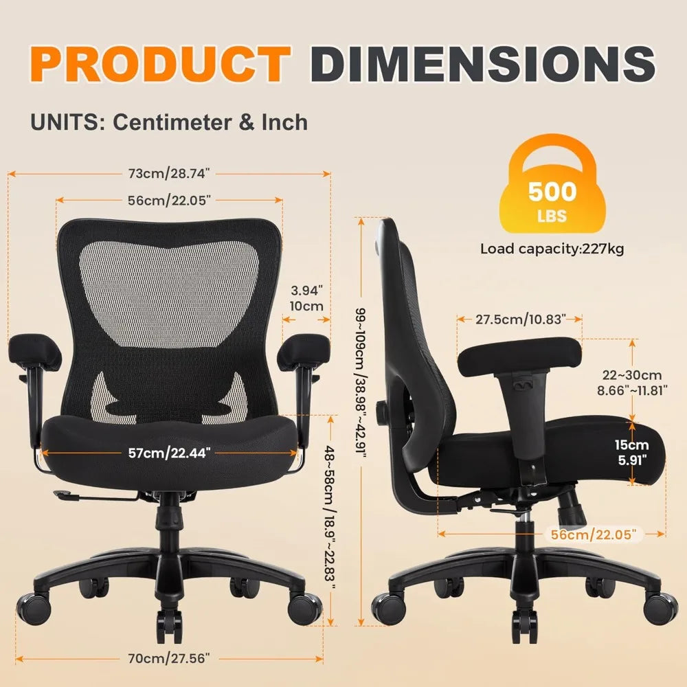 Big and Tall Office Chair 500Lbs, Ergonomic Heavy Duty Mesh Desk Chair, Executive Computer Chairs with Wide Thick Seat, Adjustab