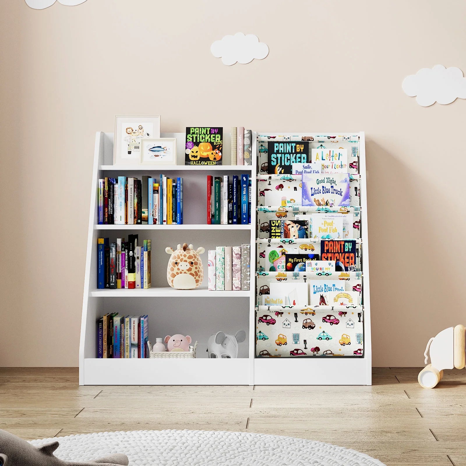 Wooden 4 Tier Sling Storage Children'S Bookshelf for Kids Room Living Room