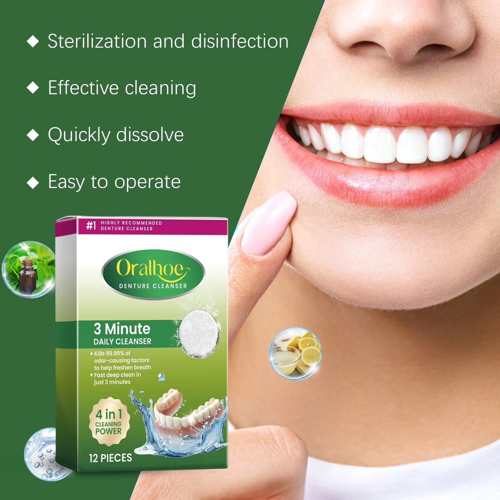 Oralhoe 12Pcs Denture Cleaning Tablets Fake Teeth Remove Stains Refreshing Oral Odor Care False Tooth Retainer Cleaner Tablets