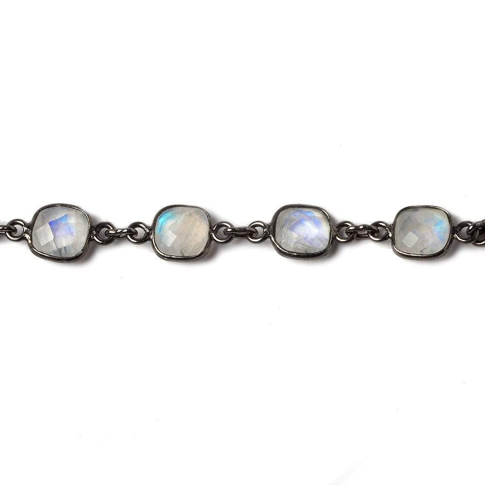 8mm Rainbow Moonstone Pillow Oxidized Silver .925 Bezeled Chain by the foot 20 pcs