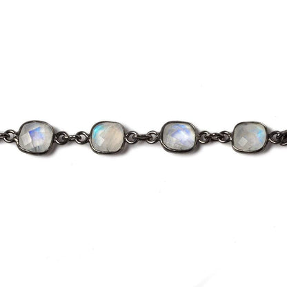 8mm Rainbow Moonstone Pillow Oxidized Silver .925 Bezeled Chain by the foot 20 pcs