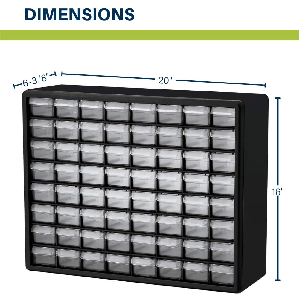 64-Drawer Plastic Drawer Storage Cabinet for Garage Organization, Bead Organizer, Building Bricks Storage, Teacher Toolbox, Makeup Organizer, 20-Inch W X 6-Inch D X 16-Inch H, 10164 Black