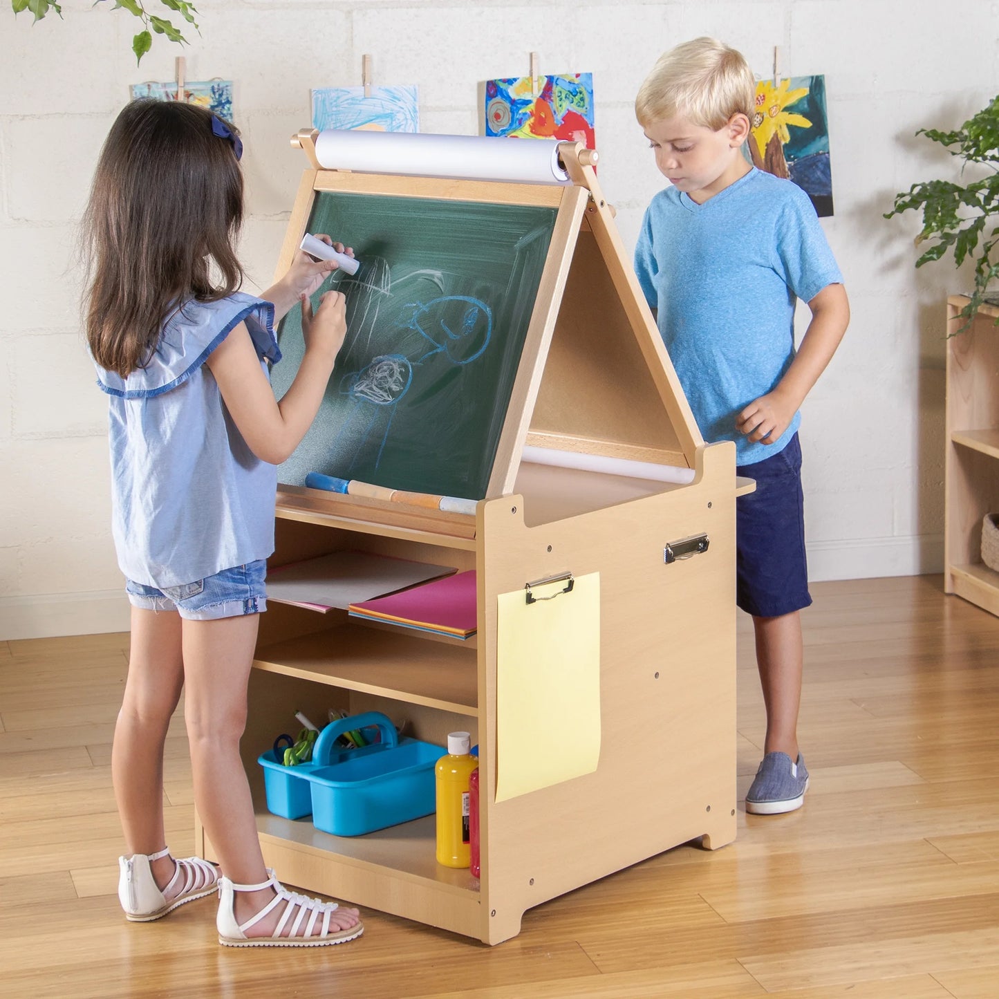 Kids Desk to Easel Art Cart - Natural: Wooden Toddler Art Activity Center with Chalkboard and Art Easel for Kids