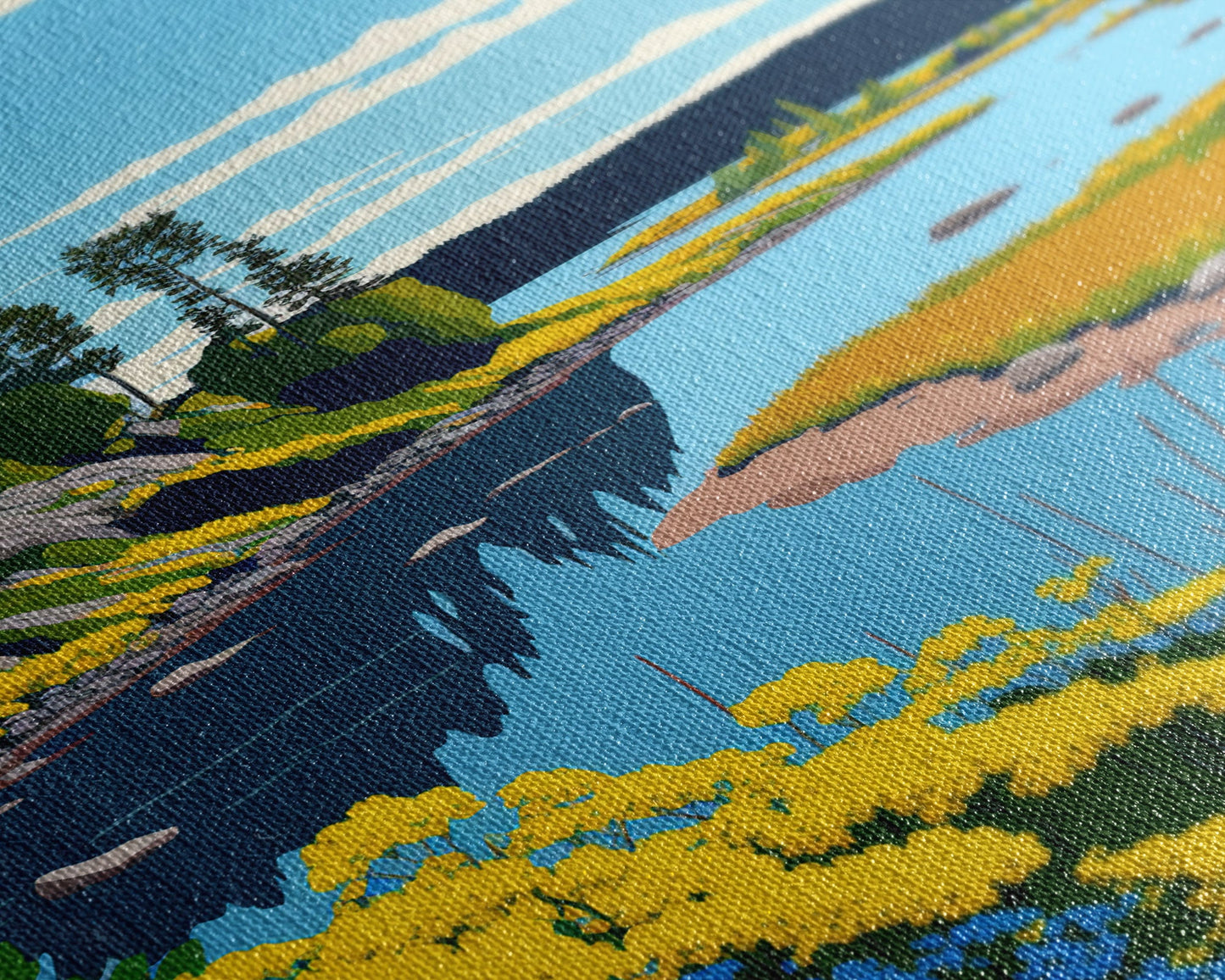 Colorful Pop Art Picture of a Stream, Framed Canvas Print, Surrealist High Contrast Cel Shaded Landscape Art