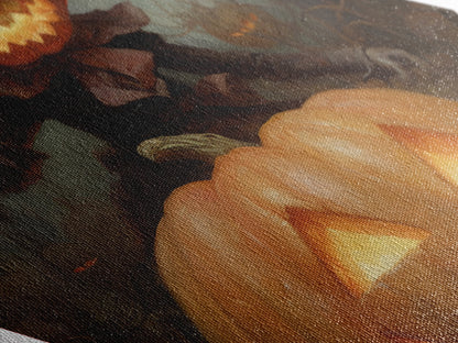 Pumpkin-headed scarecrow with eerie smile Canvas Art Print perfect for Halloween horror decor in Diamond Shaped Art style