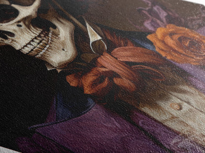 Skeleton in Purple Suit with Roses Diamond Shaped Art Canvas Art Print Romantic Gothic Halloween Dark Dandy Wall Decor