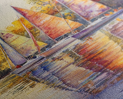 Colorful Sailboats Reflected On Water Framed Canvas Print Fall Nautical Wall Art Coastal Decor Best Gift Idea Holiday Wall Art