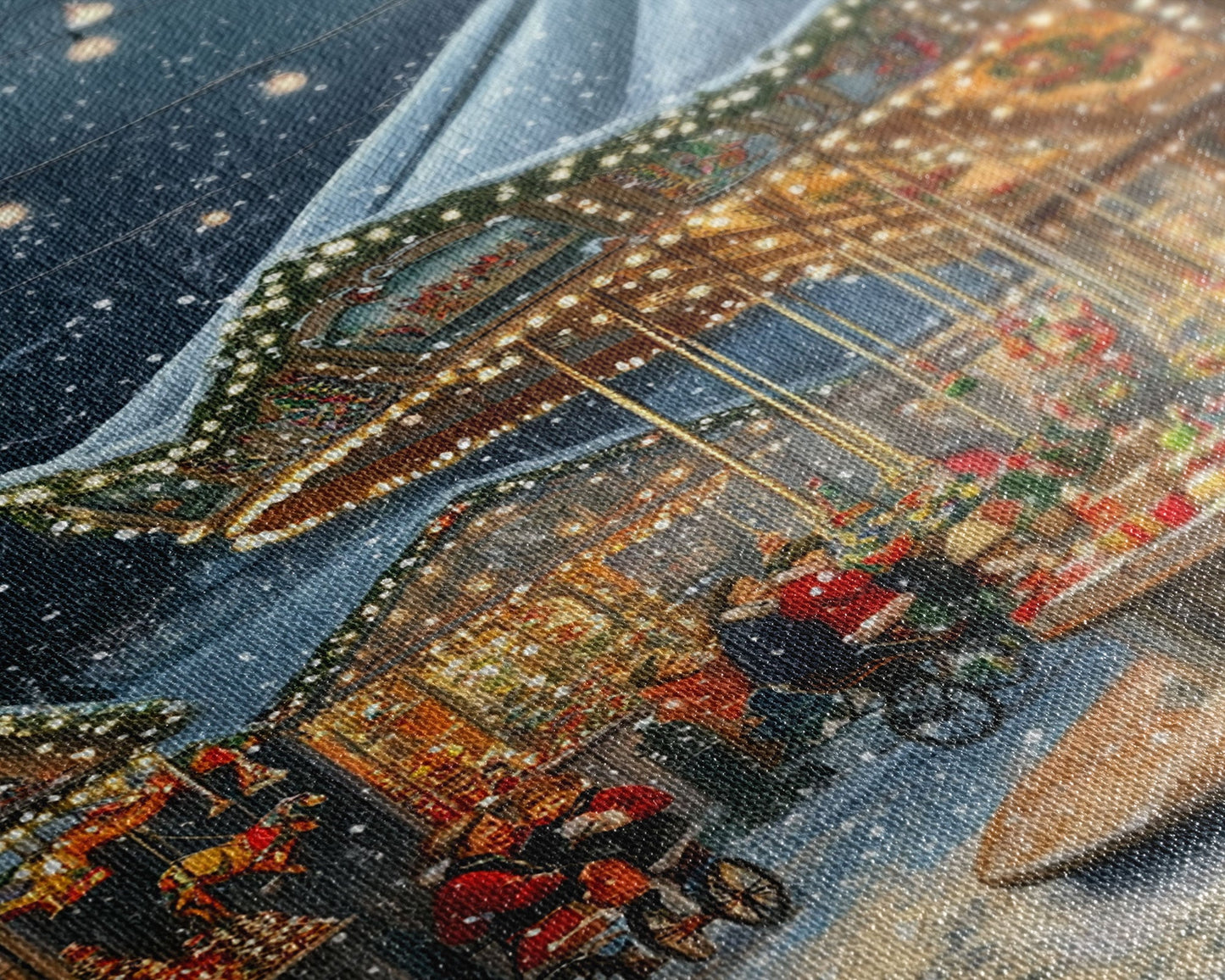 Christmas Carousel at a Snowy Night Market with Festive Lights and Ornaments, Framed Canvas Print for Christmas Wall Decor