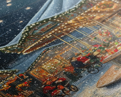 Christmas Carousel at a Snowy Night Market with Festive Lights and Ornaments, Framed Canvas Print for Christmas Wall Decor