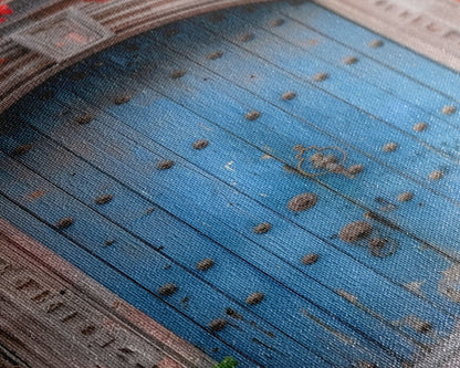 Traditional Mexican Style Rustic Blue Door Tall Art Framed Canvas Print Featuring Detailed Architecture