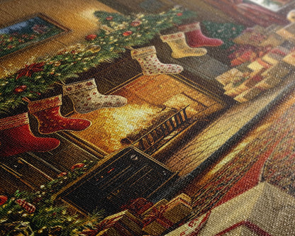 Cozy Christmas Mantle Decor Framed Canvas Print With Stockings Hanging And Presents By The Fire, Seasonal Holiday Wall Art Farmhouse Style