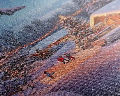 Classic Winter Christmas Neighborhood Framed Canvas Print Tall Art With Lights And Christmas Tree, Holiday Wall Art Home Decor