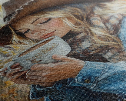 Fall-themed farmhouse framed canvas print a woman with coffee amidst autumn leaves ideal harvest home decor or seasonal wall art gift idea