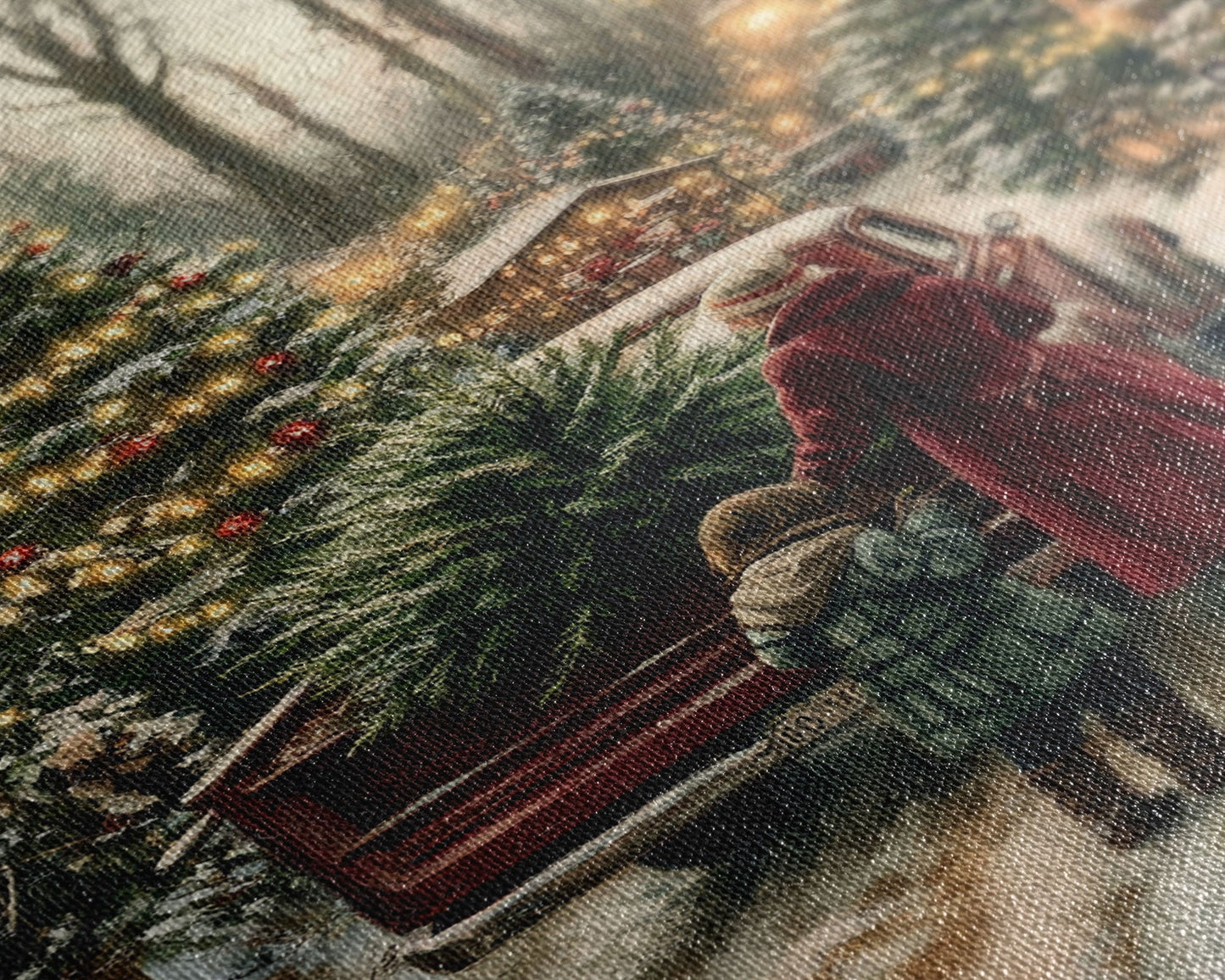 Rustic Christmas Tree Farm with Red Truck in Snowy Forest, Ideal Farmhouse Christmas Decor for Holiday Wall Art, Framed Canvas Print