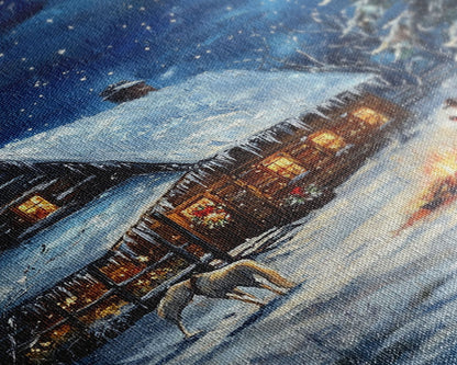 Cowboy Christmas by the Fire Framed Canvas Print, Western Holiday Decor with Snowy Cabin, Cozy Art Perfect for Rustic Christmas Winter Decor