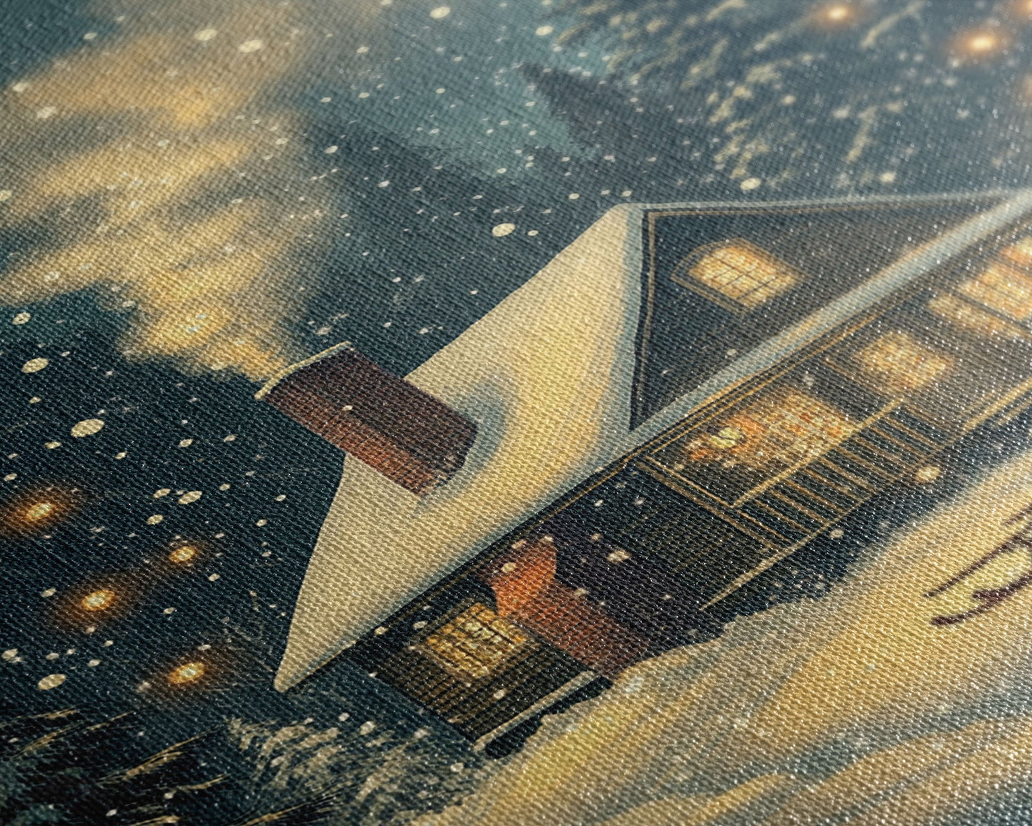 Cozy Cabin in Snowy Winter Forest, Warm Christmas Lights and Peaceful Holiday Scene, Perfect for Winter Wall Art, Framed Canvas Print