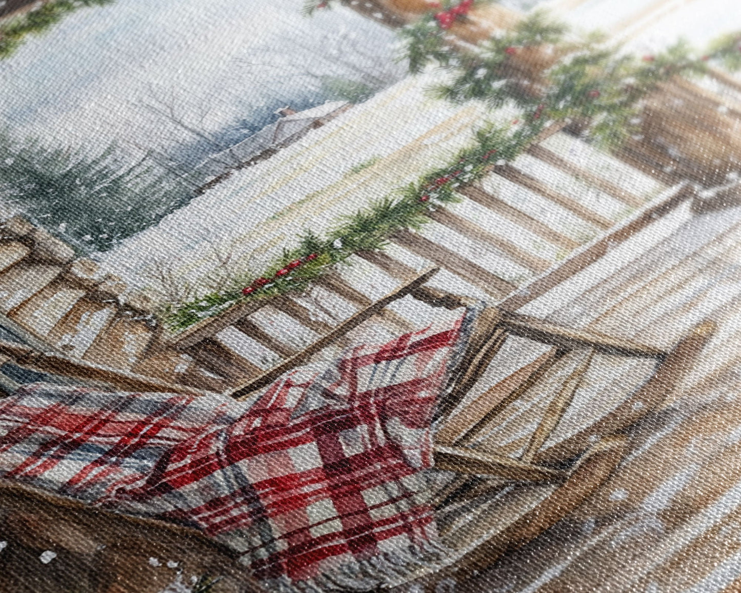 Farmhouse porch decorated with garland and cozy rocking chair, Framed Canvas Print winter decor idea for rustic home Christmas wall art