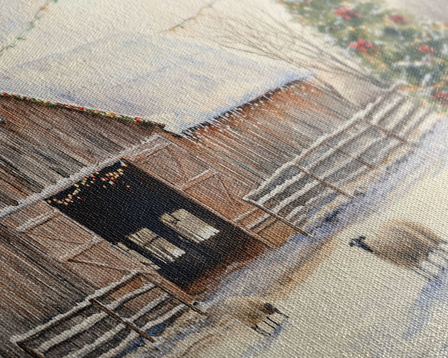 Christmas Barn Snow Sheep Canvas Print Christmas Farmhouse Decor Rustic Christmas Wall Art Framed Canvas Print Christmas Outdoor Decor