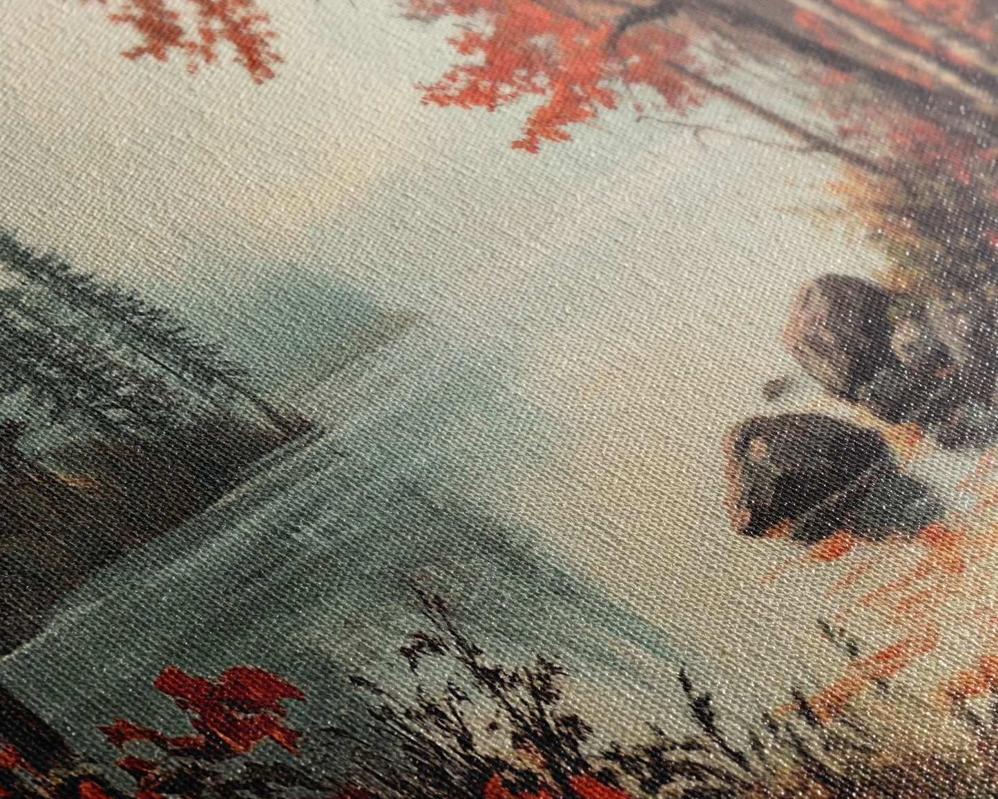 Fall On The River, Rustic Landscape Painting, Primitive Wall Art, Framed Canvas Print, retro festive holiday wall art Christmas decor