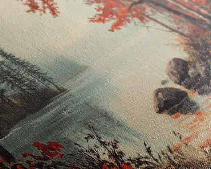 Fall On The River, Rustic Landscape Painting, Primitive Wall Art, Framed Canvas Print, retro festive holiday wall art Christmas decor