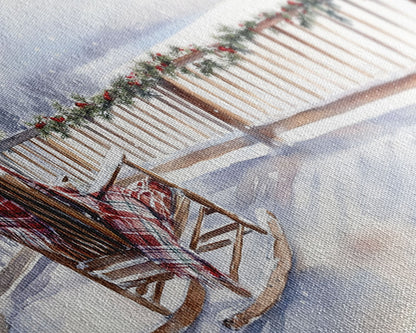 Snowy porch with rocking chair and plaid blanket, framed canvas print, Christmas decor perfect rustic holiday winter wall art