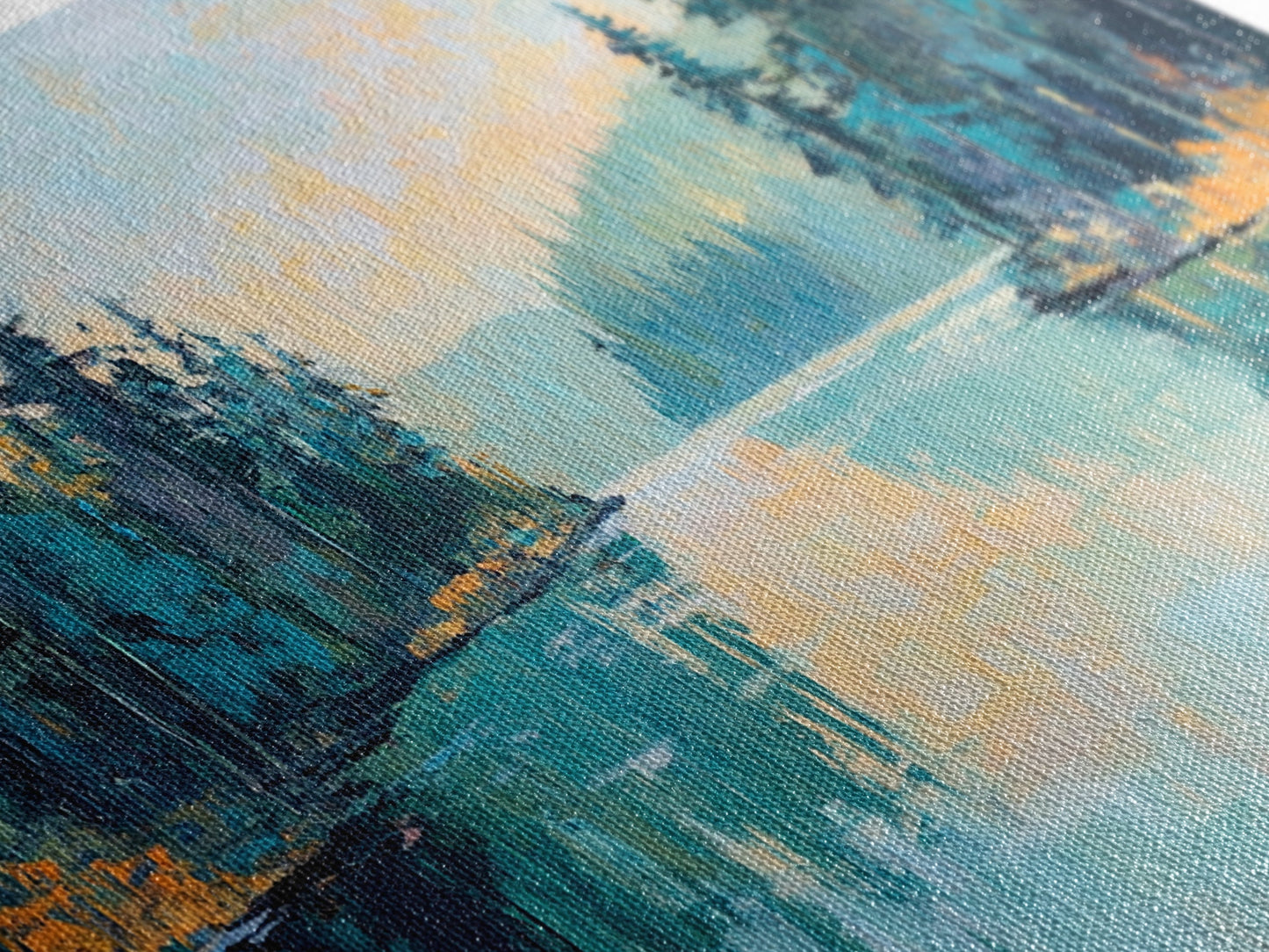 Tranquil Lake, pine tree art, landscape painting, smoky mountain art, panoramic painting, nature painting, Framed Canvas Print